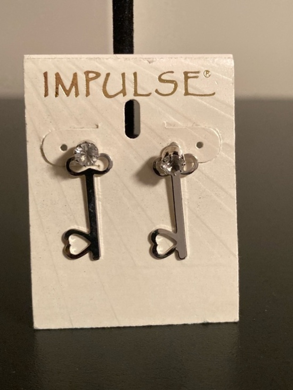 IMPULSE Silver Key Heart Stud Earrings with Crystal